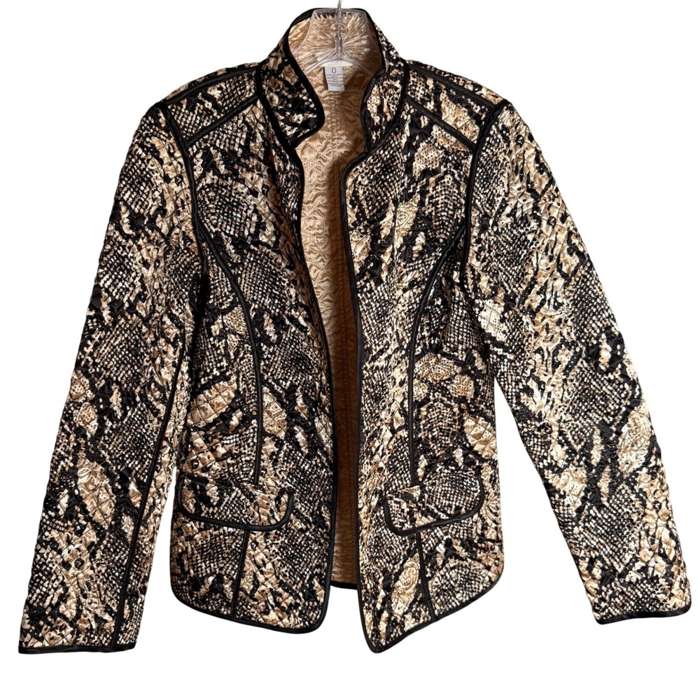 Chico's Quilted Snakeskin Jacket Womens 0 Gold Black Animal Print Open Front